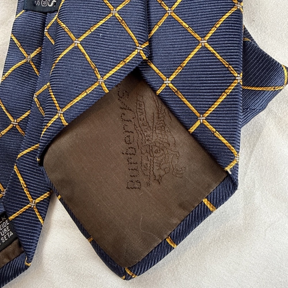 Burberry of London 100% Silk Mens Blue Gold Geometric Lattice Bamboo Plaid Tie - Picture 7 of 7